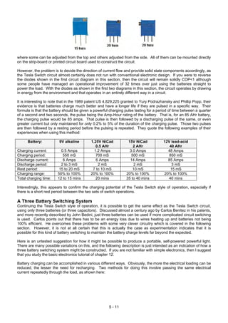 where some can be adjusted from the top and others adjusted from the side. All of them can be mounted directly
on the strip-board or printed circuit board used to construct the circuit.
However, the problem is to decide the direction of current flow and provide solid state components accordingly, as
the Tesla Switch circuit almost certainly does not run with conventional electronic design. If you were to reverse
the diodes shown in the first circuit diagram in this section, then the circuit will remain solidly COP<1 although
some people have managed an operational improvement of 32 times over just using the batteries straight to
power the load. With the diodes as shown in the first two diagrams in this section, the circuit operates by drawing
in energy from the environment and that operates in an entirely different way in a circuit.
It is interesting to note that in the 1989 patent US 4,829,225 granted to Yury Podrazhansky and Phillip Popp, their
evidence is that batteries charge much better and have a longer life if they are pulsed in a specific way. Their
formula is that the battery should be given a powerful charging pulse lasting for a period of time between a quarter
of a second and two seconds, the pulse being the Amp-Hour rating of the battery. That is, for an 85 AHr battery,
the charging pulse would be 85 amps. That pulse is then followed by a discharging pulse of the same, or even
greater current but only maintained for only 0.2% to 5% of the duration of the charging pulse. Those two pulses
are then followed by a resting period before the pulsing is repeated. They quote the following examples of their
experiences when using this method:
Battery: 9V alkaline 1.25V NiCad
0.5 AHr
15V NiCad
2 AHr
12V lead-acid
40 AHr
Charging current: 0.5 Amps 1.2 Amps 3.0 Amps 48 Amps
Charging period: 550 mS 700 mS 500 mS 850 mS
Discharge current: 6 Amps 6 Amps 14 Amps 85 Amps
Discharge period: 2 to 3 mS 2 mS 2 mS 3 mS
Rest period: 15 to 20 mS 7 to 10 mS 10 mS 15 mS
Charging range: 50% to 100% 20% to 100% 20% to 100% 20% to 100%
Total charging time: 12 to 15 mins 20 mins 35 to 40 mins 40 mins
Interestingly, this appears to confirm the charging potential of the Tesla Switch style of operation, especially if
there is a short rest period between the two sets of switch operations.
A Three Battery Switching System
Continuing the Tesla Switch style of operation, it is possible to get the same effect as the Tesla Switch circuit,
using only three batteries (or three capacitors). Discussed almost a century ago by Carlos Benitez in his patents,
and more recently described by John Bedini, just three batteries can be used if more complicated circuit switching
is used. Carlos points out that there has to be an energy loss due to wires heating up and batteries not being
100% efficient. He overcomes these problems with some very clever circuitry which is covered in the following
section. However, it is not at all certain that this is actually the case as experimentation indicates that it is
possible for this kind of battery switching to maintain the battery charge levels far beyond the expected.
Here is an untested suggestion for how it might be possible to produce a portable, self-powered powerful light.
There are many possible variations on this, and the following description is just intended as an indication of how a
three battery switching system might be constructed. If you are not familiar with simple electronics, then I suggest
that you study the basic electronics tutorial of chapter 12.
Battery charging can be accomplished in various different ways. Obviously, the more the electrical loading can be
reduced, the lesser the need for recharging. Two methods for doing this involve passing the same electrical
current repeatedly through the load, as shown here:
5 - 11
 