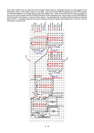 Each base resistor has an output link (O1b through O12b) which is connected through it’s opto-isolator to the
destination shown in the “Base” column in the table. Each set of three NPN transistors and one PNP transistor
are switched together via a single ISQ-74 quad opto isolator chip. Each of the three ISQ-74 chips is powered in
turn by one of the outputs from the CD4022 Divide-by-Three connected chip, which driven by the CD40106B hex
Schmitt inverter chip wired as a clock as shown above. It is expected that a suitable clocking frequency would be
about 700 Hz. A possible layout for the clock, Divide-by-Three and twelve opto-isolators on a 104 mm x 50 mm
strip board, is shown here:
5 - 19
 