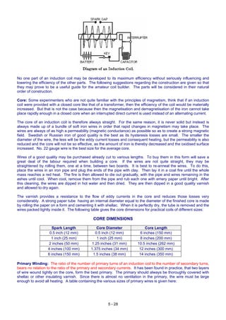 No one part of an induction coil may be developed to its maximum efficiency without seriously influencing and
lowering the efficiency of the other parts. The following suggestions regarding the construction are given so that
they may prove to be a useful guide for the amateur coil builder. The parts will be considered in their natural
order of construction.
Core: Some experimenters who are not quite familiar with the principles of magnetism, think that if an induction
coil were provided with a closed core like that of a transformer, then the efficiency of the coil would be materially
increased. But that is not the case because then the magnetisation and demagnetisation of the iron cannot take
place rapidly enough in a closed core when an interrupted direct current is used instead of an alternating current.
The core of an induction coil is therefore always straight. For the same reason, it is never solid but instead is
always made up of a bundle of soft iron wires in order that rapid changes in magnetism may take place. The
wires are always of as high a permeability (magnetic conductance) as possible so as to create a strong magnetic
field. Swedish or Russian iron of good quality is the best as its hysteresis losses are small. The smaller the
diameter of the wire, the less will be the eddy current losses and consequent heating, but the permeability is also
reduced and the core will not be so effective, as the amount of iron is thereby decreased and the oxidised surface
increased. No. 22 gauge wire is the best size for the average core.
Wires of a good quality may be purchased already cut to various lengths. To buy them in this form will save a
great deal of the labour required when building a core. If the wires are not quite straight, they may be
straightened by rolling them, one at a time, between two boards. It is best to re-anneal the wires. To do this,
place the wires in an iron pipe and plug the ends of the pipe with clay. Then lay it in a coal fire until the whole
mass reaches a red heat. The fire is then allowed to die out gradually, with the pipe and wires remaining in the
ashes until cool. When cool, remove them from the pipe and rub each one with emery paper until bright. After
this cleaning, the wires are dipped in hot water and then dried. They are then dipped in a good quality varnish
and allowed to dry again.
The varnish provides a resistance to the flow of eddy currents in the core and reduces those losses very
considerably. A strong paper tube having an internal diameter equal to the diameter of the finished core is made
by rolling the paper on a form and cementing it with shellac. When it is perfectly dry, the tube is removed and the
wires packed tightly inside it. The following table gives the core dimensions for practical coils of different sizes:
CORE DIMENSIONS
Spark Length Core Diameter Core Length
0.5 inch (12 mm) 0.5 inch (12 mm) 6 inches (150 mm)
1 inch (25 mm) 1 inch (25 mm) 8 inches (200 mm)
2 inches (50 mm) 1.25 inches (31 mm) 10.5 inches (262 mm)
4 inches (100 mm) 1.375 inches (34 mm) 12 inches (300 mm)
6 inches (150 mm) 1.5 inches (38 mm) 14 inches (350 mm)
Primary Winding: The ratio of the number of primary turns of an induction coil to the number of secondary turns,
bears no relation to the ratio of the primary and secondary currents. It has been found in practice, that two layers
of wire wound tightly on the core, form the best primary. The primary should always be thoroughly covered with
shellac or other insulating varnish. Since there is almost no ventilation in the primary, the wire must be large
enough to avoid all heating. A table containing the various sizes of primary wires is given here:
5 - 28
 