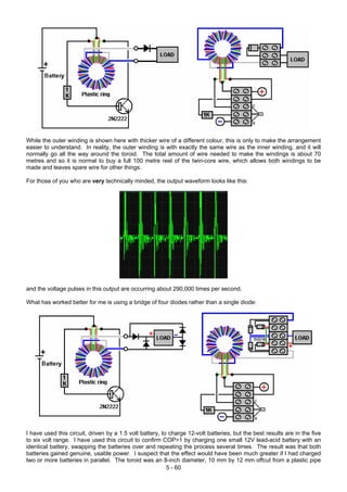 While the outer winding is shown here with thicker wire of a different colour, this is only to make the arrangement
easier to understand. In reality, the outer winding is with exactly the same wire as the inner winding, and it will
normally go all the way around the toroid. The total amount of wire needed to make the windings is about 70
metres and so it is normal to buy a full 100 metre reel of the twin-core wire, which allows both windings to be
made and leaves spare wire for other things.
For those of you who are very technically minded, the output waveform looks like this:
and the voltage pulses in this output are occurring about 290,000 times per second.
What has worked better for me is using a bridge of four diodes rather than a single diode:
5 - 60
I have used this circuit, driven by a 1.5 volt battery, to charge 12-volt batteries, but the best results are in the five
to six volt range. I have used this circuit to confirm COP>1 by charging one small 12V lead-acid battery with an
identical battery, swapping the batteries over and repeating the process several times. The result was that both
batteries gained genuine, usable power. I suspect that the effect would have been much greater if I had charged
two or more batteries in parallel. The toroid was an 8-inch diameter, 10 mm by 12 mm offcut from a plastic pipe
 