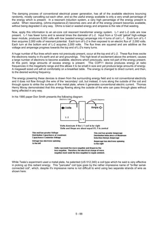 The damping process of conventional electrical power generation, has all of the available electrons bouncing
randomly, mostly cancelling out each other, and so the useful energy available is only a very small percentage of
the energy which is present. In a resonant induction system, a very high percentage of the energy present is
useful. When resonating, (ohms-impedance-Z) becomes zero and all of the energy present becomes available,
without being degraded in any way. Ohms is load or wasted energy and amperes is the rate of that wasting.
Now, apply this information to an air-core coil resonant transformer energy system. L-1 and L-2 coils are now
present. L-1 has fewer turns and is several times the diameter of L-2. Input from a 12-volt 'gelcel' high-voltage
laser module, produces 8,000 volts with low (wasted energy) amperage into 4 turns of coil L-1. Each turn of L-1
then acquires 2,000 volts of resonant potential. Each turn of L-2 is then exposed to an electric flux of 2,000 volts.
Each turn at the bottom end of L-2 acquires 2,000 volts. The flux lines are squared and are additive as the
voltage and amperage progress towards the top end of L-2's many turns.
A huge number of flux lines which were not previously present, occur at the top end of L-2. These flux lines excite
the electrons nearby in it's earth and air and groundings. This high level of excitement above the ambient, causes
a large number of electrons to become available, electrons which previously, were not part of the energy present.
At this point, large amounts of excess energy is present. This COP>1 device produces energy at radio
frequencies in the megahertz range and this allows it to be small in size and yet produce large amounts of energy.
A megawatt sized unit will sit comfortably on a breakfast table. The energy is changed to direct current, and then,
to the desired working frequency.
The energy powering these devices is drawn from the surrounding energy field and is not conventional electricity
and it does not flow through the wire of the ‘secondary’ coil, but instead, it runs along the outside of the coil and
through space to strike the surface of the metal plate, where it generates conventional electric current. Thomas
Henry Moray demonstrated that this energy flowing along the outside of the wire can pass through glass without
being affected in any way.
In his 1995 paper Don Smith presents the following diagram:
While Tesla’s experiment used a metal plate, he patented (US 512,340) a coil type which he said is very effective
in picking up this radiant energy. This "pancake" coil type goes by the rather impressive name of “bi-filar serial-
connected coil”, which, despite it's impressive name is not difficult to wind using two separate strands of wire as
shown here:
5 - 88
 