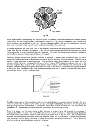 It was approximately six inches long and about five inches in diameter. It consisted of eight coils in series, wound
on iron cores which in turn surrounded a slightly larger central coil. The central coil was wound on a hollow tube
which contained many small rods of soft iron. Four terminals extended from the unit, two connecting to the outer
coils which received the input current, while the other two came from the central coil.
It is highly significant that both wires used in the generator appeared to be of heavy gauge like those used in
power lines with the same kind of insulation. Each coil had only one layer of this wire which means that only a
moderate number of turns were used in the entire generator. It is known that the generator produced a fluctuating
current of an undisclosed frequency and had no moving parts.
The basic principle on which the generator operated is apparent. A small current passed through a coil with a
moderate number of turns per unit length will magnetise an iron core to a surprising degree. This principle is
utilised to great advantage in electromagnets. What apparently hasn’t been realised is that during the brief
interval in which the current builds up after it is turned on, an induced EMF (voltage) is produced in the coil by the
changing magnetic flux, which is in the same direction as the current. This induced EMF is the result of the
magnetic field produced by the magnetisation of the iron core. If this induced EMF were in the opposite direction
to the current, then a sizeable current could never be produced in the coil as the EMF opposing the current would
automatically cancel it before it could increase.
Fig. 29 shows a graph of the magnetisation of an iron core plotted against ampere turns per unit length. The term
“ampere turns” is the number of turns of the coil per unit length multiplied by the number of amps of current
flowing through the coil. For example, a current of 1 amp flowing through a coil of 100 turns will produce the
same effect as 2 amps flowing through a coil of the same length which has only 50 turns.
There is a section on the curve where a slight increase in ampere turns will produce a tremendous in
magnetisation of the iron core. The cause of this phenomenon should be analysed. It seems strange that just a
few ampere-turns can produce extensive and significant magnetisation of the iron core. Yet, the observable
magnetic field produced by the current without the magnetic core is tiny by comparison. A similar field produced
by a permanent magnet, would be unable to induce a noticeable magnetisation of the iron. This is something
which conventional science has found convenient to ignore.
5 - 99
 