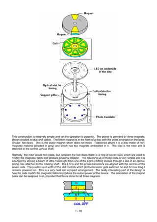 This construction is relatively simple and yet the operation is powerful. The power is provided by three magnets,
shown shaded in blue and yellow. The lower magnet is in the form of a disc with the poles arranged on the large,
circular, flat faces. This is the stator magnet which does not move. Positioned above it is a disc made of non-
magnetic material (shaded in grey) and which has two magnets embedded in it. This disc is the rotor and is
attached to the central vertical shaft.
Normally, the rotor would not rotate, but between the two discs there is a ring of seven coils which are used to
modify the magnetic fields and produce powerful rotation. The powering up of these coils is very simple and it is
arranged by shining a beam of Ultra Violet light from one of the Light-Emitting Diodes through a slot in an optical-
timing disc attached to the rotating shaft. The LEDs and the photo-transistors are aligned with the centres of the
seven coils. The position and width of the slot controls which photo-transistor gets switched on and for how long it
remains powered up. This is a very neat and compact arrangement. The really interesting part of the design is
how the coils modify the magnetic fields to produce the output power of the device. The orientation of the magnet
poles can be swapped over, provided that this is done for all three magnets.
1 - 16
 