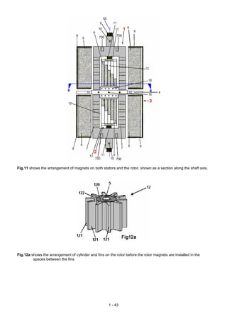 Fig.11 shows the arrangement of magnets on both stators and the rotor, shown as a section along the shaft axis.
Fig.12a shows the arrangement of cylinder and fins on the rotor before the rotor magnets are installed in the
spaces between the fins.
1 - 43
 