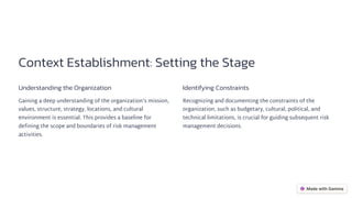 Context Establishment: Setting the Stage
Understanding the Organization
Gaining a deep understanding of the organization's mission,
values, structure, strategy, locations, and cultural
environment is essential. This provides a baseline for
defining the scope and boundaries of risk management
activities.
Identifying Constraints
Recognizing and documenting the constraints of the
organization, such as budgetary, cultural, political, and
technical limitations, is crucial for guiding subsequent risk
management decisions.
 
