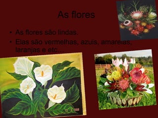 As flores  As flores são lindas.  Elas são vermelhas, azuis, amarelas, laranjas e etc… 