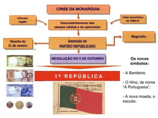 Os novos símbolos: A Bandeira; O Hino, de nome  “A Portuguesa”; - A nova moeda, o escudo. 