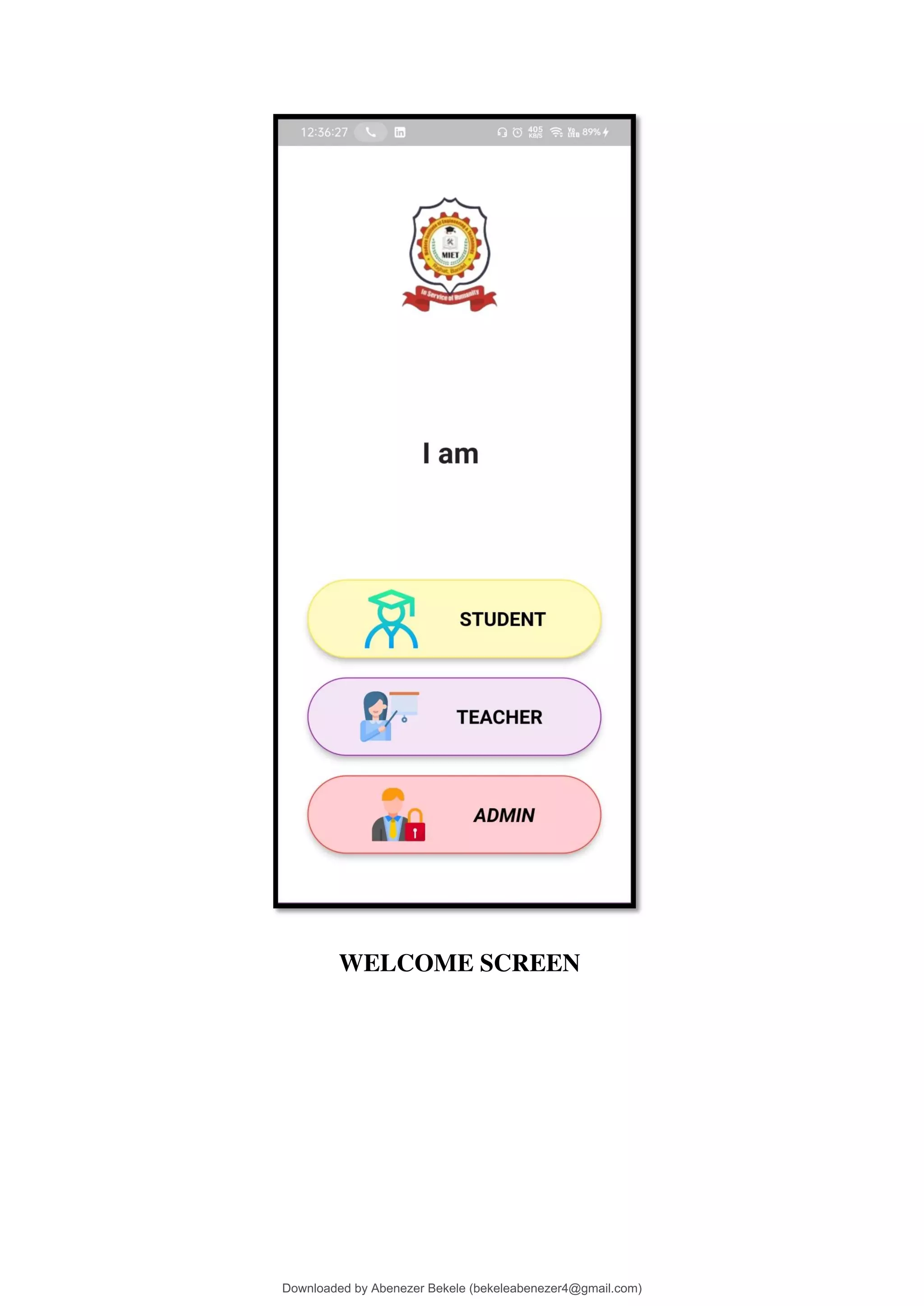 WELCOME SCREEN
Downloaded by Abenezer Bekele (bekeleabenezer4@gmail.com)
lOMoARcPSD|20625902
 