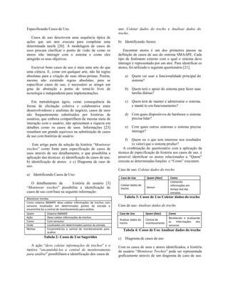 Monitorar trechos
Como sistema SMAAPE devo coletar informações de trechos com
sensores localizados em determinados pontos da estrada e
encaminhá-los a central de monitoramento para análise.
Quem Sistema SMAAPE
Ação Devo coletar informações de trechos
Como Com sensores
Onde Localizados em determinados pontos da estrada
Motivo Encaminhá-los a central de monitoramento para
análise
Especificando Casos de Uso
Casos de uso descrevem uma sequência típica de
ações que um ator executa para completar uma
determinada tarefa [20]. A modelagem de casos de
usos procura clarificar o ponto de visão de como os
atores irão interagir com o sistema e como eles
atingirão os seus objetivos.
Escrever bons casos de uso é mais uma arte do que
uma ciência. E, como em qualquer arte, não há regras
absolutas para a criação de suas obras-primas. Porém,
mesmo não existindo regras absolutas, para se
especificar casos de uso, é necessário se atingir um
grau de abstração a ponto de torná-lo livre de
tecnologia e independente para implementações.
Em metodologias ágeis, como consequência da
forma de elicitação coletiva e colaborativa entre
desenvolvedores e analistas de negócio, casos de usos
são frequentemente substituídos por histórias de
usuários, que embora compartilhem da mesma meta de
interação com o usuário, não apresentam a riqueza em
detalhes como os casos de usos. Informações [23]
ressaltam um grande equívoco na substituição de casos
de uso com histórias de usuário.
Este artigo parte da seleção da história “Monitorar
trechos” como fonte para especificação de casos de
usos através de seu detalhamento, o que possibilita a
aplicação das técnicas: a) identificação de casos de uso,
b) identificação de atores e c) Diagrama de caso de
uso.
a) Identificando Casos de Uso:
O detalhamento da história de usuário [3]
“Monitorar trechos” possibilita a identificação de
casos de uso com base na seguinte informação:
uso: Coletar dados do trecho e Analisar dados do
trecho.
b) Identificando Atores
Encontrar atores é um dos primeiros passos na
definição de casos de uso do sistema SMAAPE. Cada
tipo de fenômeno externo com o qual o sistema deve
interagir é representado por um ator. Para identificar os
atores, foi utilizado o seguinte questionário [21].
a) Quem vai usar a funcionalidade principal do
sistema?
b) Quem terá o apoio do sistema para fazer suas
tarefas diárias?
c) Quem terá de manter e administrar o sistema,
e mantê-lo em funcionamento?
d) Com quais dispositivos de hardware o sistema
precisa lidar?
e) Com quais outros sistemas o sistema precisa
interagir?
f) Quem ou o que tem interesse nos resultados
(o valor) que o sistema produz?
A combinação do questionário com a aplicação da
técnica de especificação de história aos casos de uso, é
possível identificar os atores relacionados a “Quem”
executa as determinadas funções e “Como” executam.
Caso de uso: Coletar dados do trecho
Caso de Uso Quem (Ator) Como
Coletar dados do
trecho Sensor
Coletando
informações em
tempo real das
estradas
Tabela 3: Casos de Uso Coletar dados do trecho
Caso de uso: Analisar dados do trecho
Caso de Uso Quem (Ator) Como
Analisar dados do
trecho
Central de
monitoramento
Recebendo e analisando
as Informações dos
sensores
Tabela 2: Casos de Uso Sugeridos
A ação “devo coletar informações de trechos” e o
motivo “encaminhá-los a central de monitoramento
para análise” possibilitam a identificação dos casos de
Tabela 4: Casos de Uso Analisar dados do trecho
c) Diagrama de casos de uso
Com os casos de usos e atores identificados, a história
de usuário “Monitorar Trechos” pode ser representada
graficamente através de um diagrama de caso de uso.
 