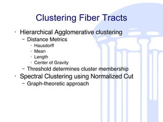 Clustering Fiber Tracts Hierarchical Agglomerative clustering Distance Metrics Hausdorff Mean Length Center of Gravity Threshold determines cluster membership Spectral Clustering using Normalized Cut Graph-theoretic approach 