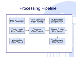Processing Pipeline MRI  Acquisition Tensor Estimation (FiberTracking) ROI Definition (InsightSNAP) Tractography (FiberTracking) Clustering (FiberViewer) Manual Editing (FiberViewer) Tract Analysis (FiberViewer) Visualization (FiberViewer) 