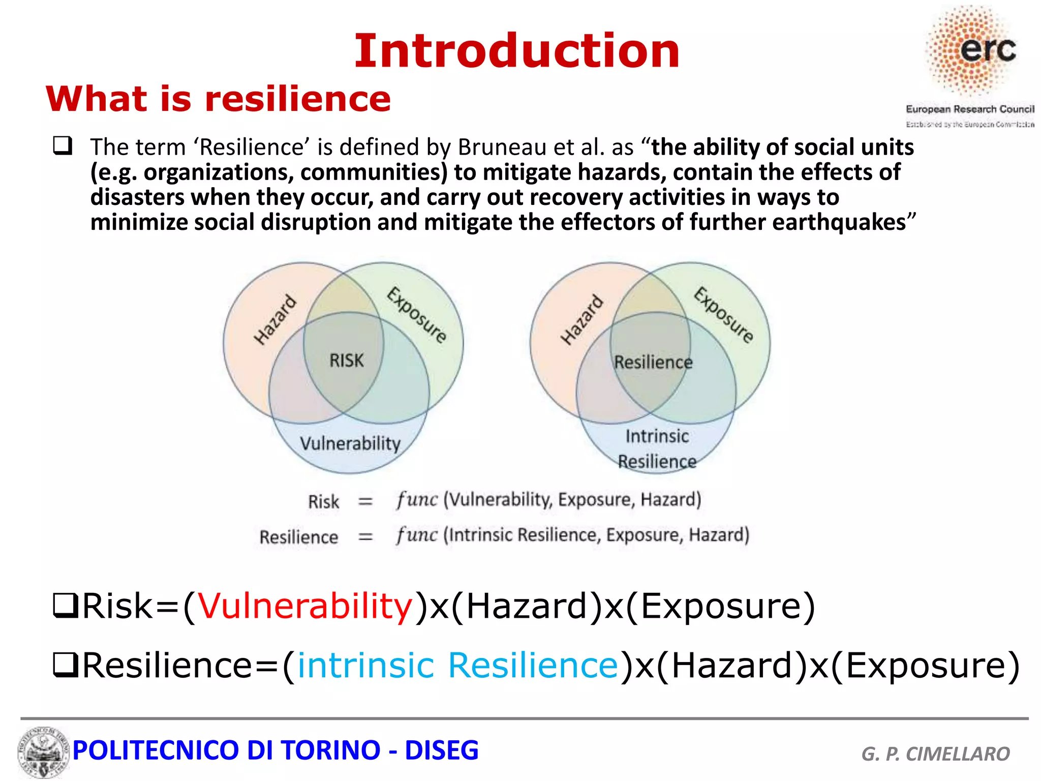 POLITECNICO DI TORINO - DISEG G. P. CIMELLARO
Risk=(Vulnerability)x(Hazard)x(Exposure)
Resilience=(intrinsic Resilience)x(Hazard)x(Exposure)
Introduction
What is resilience
 The term ‘Resilience’ is defined by Bruneau et al. as “the ability of social units
(e.g. organizations, communities) to mitigate hazards, contain the effects of
disasters when they occur, and carry out recovery activities in ways to
minimize social disruption and mitigate the effectors of further earthquakes”
 