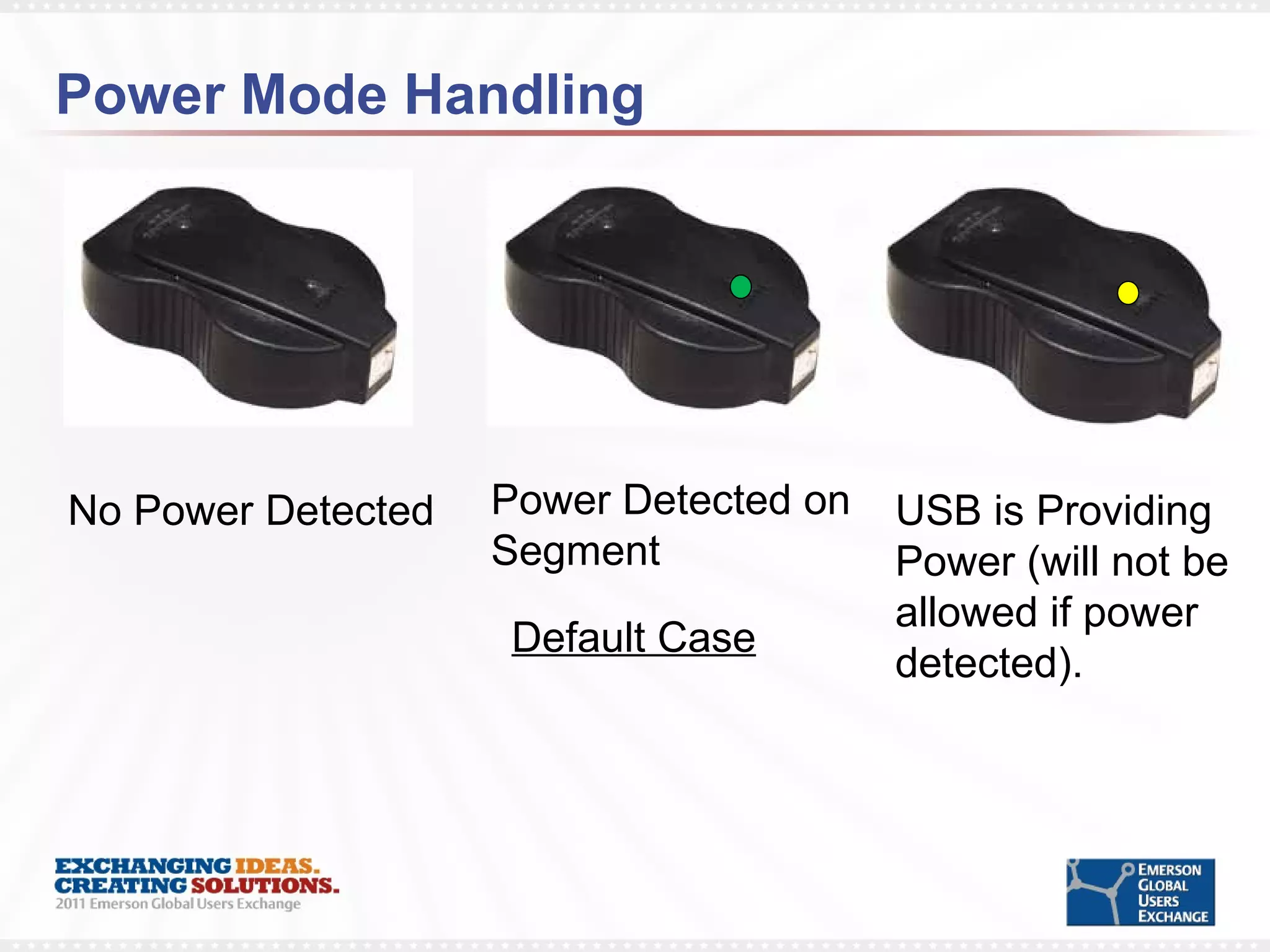 Power Mode Handling No Power Detected Power Detected on Segment USB is Providing Power (will not be  allowed if power detected). Default Case 