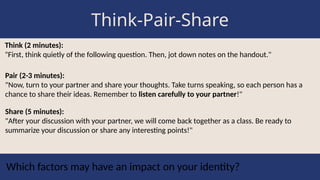 Think-Pair-Share
Think (2 minutes):
"First, think quietly of the following question. Then, jot down notes on the handout."
Which factors may have an impact on your identity?
Pair (2-3 minutes):
"Now, turn to your partner and share your thoughts. Take turns speaking, so each person has a
chance to share their ideas. Remember to listen carefully to your partner!"
Share (5 minutes):
"After your discussion with your partner, we will come back together as a class. Be ready to
summarize your discussion or share any interesting points!"
 