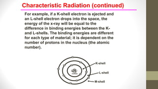 For example, if a K-shell electron is ejected and
an L-shell electron drops into the space, the
energy of the x-ray will be equal to the
difference in binding energies between the K-
and L-shells. The binding energies are different
for each type of material; it is dependent on the
number of protons in the nucleus (the atomic
number).
Characteristic Radiation (continued)
K-shell
M-shell
L-shell
 