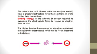 Electrons in the orbit closest to the nucleus (the K-shell)
have a greater electrostatic force than electrons in orbits
further from the nucleus.
Binding energy: is the amount of energy required to
overcome the electrostatic force to remove an electron
from its orbit.
The higher the atomic number of an atom (more protons),
the higher the electrostatic force will be for all electrons
in that atom.
 