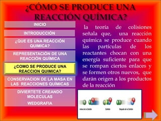 INICIO
                              la teoría de colisiones
      INTRODUCCIÓN           señala que, una reacción
   ¿QUE ES UNA REACCIÓN      química se produce cuando
         QUIMICA?            las    partículas   de   los
  REPRESENTACIÓN DE UNA      reactantes chocan con una
    REACCIÓN QUÍMICA         energía suficiente para que
  ¿COMO SE PRODUCE UNA       se rompan ciertos enlaces y
    REACCION QUIMICA?        se formen otros nuevos, que
CONSERVACION DE LA MASA EN   darán origen a los productos
 LAS REACCIONES QUÍMICAS     de la reacción
    DIVIERTETE CREANDO
         MOLECULAS
        WEDGRAFIA
 