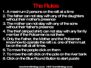 The Rules <ul><li>1. A maximum 2 persons on the raft at a time  </li></ul><ul><li>2. The father can not stay with any of t...