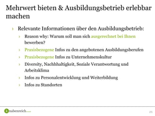 › Relevante Informationen über den Ausbildungsbetrieb:
› Reason why: Warum soll man sich ausgerechnet bei Ihnen
bewerben?
› Praxisbezogene Infos zu den angebotenen Ausbildungsberufen
› Praxisbezogene Infos zu Unternehmenskultur
› Diversity, Nachhhaltigkeit, Soziale Verantwortung und
Arbeitsklima
› Infos zu Personalentwicklung und Weiterbildung
› Infos zu Standorten
25
Mehrwert bieten & Ausbildungsbetrieb erlebbar
machen
 