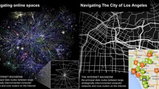 igating online spaces Navigating The City of Los Angeles
TERNET BACKBONE
cipal data routes between large,
cally interconnected computer
s and core routers on the Internet.
THE INTERNET BACKBONE
the principal data routes between large,
strategically interconnected computer
networks and core routers on the Internet.
 