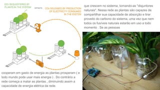 que crescem no sistema, tornando-as "disjuntores
naturais". Nessa rede as plantas são capazes de
compartilhar sua capacidade de absorção e tirar
proveito do carbono do sistema, uma vez que nem
todos os fusíveis naturais estarão em uso a todo
momento . Se as pessoas
cooperam em gasto de energia as plantas prosperam ( e
todo mundo pode usar mais energia ) . Do contrário a
rede começa a matar as plantas , diminuindo assim a
capacidade de energia elétrica da rede.
 
