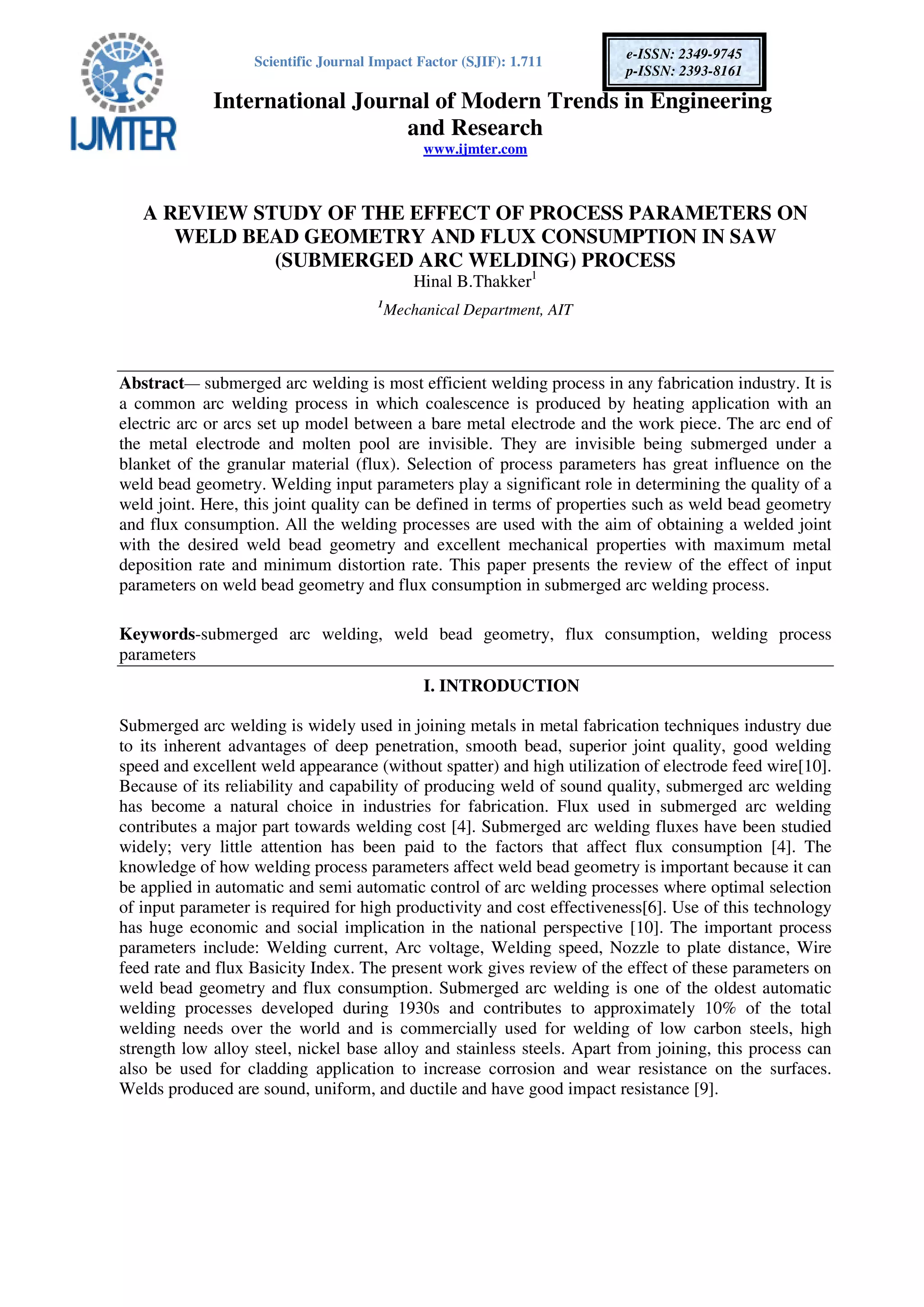 A REVIEW STUDY OF THE EFFECT OF PROCESS PARAMETERS ON WELD BEAD ...