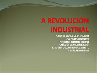 As orixes da revolución industrial As industrias pioneiras Transportes, comercio e capital A difusión da industrialización Liberalismo económico e capitalismo A sociedade de clases 