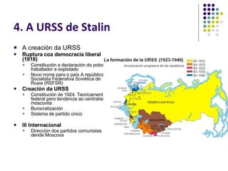 4. A URSS de Stalin A creación da URSS Ruptura coa democracia liberal (1918) Constitución e declaración do pobo traballador e explotado Novo nome para o país A república Socialista Federativa Soviética de Rusia (RSFSR) Creación da URSS Constitución de 1924. Teoricamente federal pero tendencia ao centralismo moscovita Burocratización  Sistema de partido único III Internacional Dirección dos partidos comunistas dende Moscova 
