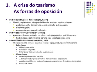 A crise do tsarismo As forzas de oposición Partido Constitucional-demócrata (KD, Kadet): liberais, representan a burguesía liberal e as clases medias urbanas pretenden unha democracia constitucional e a democracia  Reforma agraria  Autonomía para as nacionalidades Partido Social Revolucionario (SR Eseritas) Apoiado polo campesiñado, recolle a tradición populista e nihilistas rusa Partidarios do colectivismo  agrario e da socialización da terra Partido Obreiro Socialdemócrata (PSDR), 1898 Ideoloxía marxista, formado pola clase obreira e a pequena burguesía revolucionaria Bolxeviques Liderado por Lenin  Partido de vangarda Defenden a vía insurrecional e revolucionaria Menxeviques Dirixidos por Martov e Plejanov A democracia burguesa como fase transitoria cara o socialismo Aceptan coalicións cos partidos burgueses para reformas de carácter democrático Partido de masas 