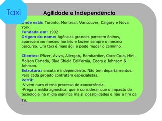 Agilidade e Independência Onde está:  Toronto, Montreal, Vancouver, Calgary e Nova York  Fundada em:  1992 Origem do nome:  Agências grandes parecem ônibus, aparecem no mesmo horário e fazem sempre o mesmo percurso. Um táxi é mais ágil e pode mudar o caminho.  Clientes:  Pfizer, Aviva, Allergab, Bombardier, Coca-Cola, Mini, Molson Canada, Blue Shield California, Coors e Johnson & Johnson. Estrutura:  enxuta e independente. Não tem departamentos. Para cada projeto contratam especialistas.  Perfil:   -Vivem num eterno processo de concorrência.  -Prega a mídia agnóstica, que é considerar que o impacto da tecnologia na mídia significa mais  possiblidades e não o fim da TV.   Taxi 