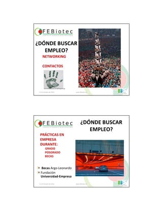 21 de Octubre de 2010 www.febiotec.es
NETWORKING
CONTACTOS
¿DÓNDE BUSCAR
EMPLEO?
www.boanergesgroup.com/gfx/fingerprint.gif
El País 2008
Becas Argo-Leonardo
Fundación
Universidad-Empresa
21 de Octubre de 2010 www.febiotec.es
PRÁCTICAS EN
EMPRESA
DURANTE:
GRADO
POSGRADO
BECAS
¿DÓNDE BUSCAR
EMPLEO?
http://1.bp.blogspot.com/_yNDX-mTbT8I/TI8yx-h3jkI/AAAAAAAABRM/oLhFMRROaRw/s1600/tunel+ted+williams.jpg
 