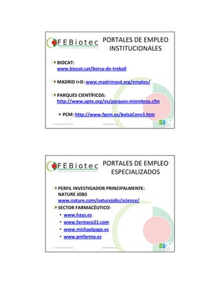 PORTALES DE EMPLEO
INSTITUCIONALES
21 de Octubre de 2010 www.febiotec.es
BIOCAT:
www.biocat.cat/borsa-de-treball
MADRID I+D: www.madrimasd.org/empleo/
PARQUES CIENTÍFICOS:
http://www.apte.org/es/parques-miembros.cfm
PCM: http://www.fpcm.es/bolsaConv3.htm
PORTALES DE EMPLEO
ESPECIALIZADOS
PERFIL INVESTIGADOR PRINCIPALMENTE:
NATURE JOBS
www.nature.com/naturejobs/science/
SECTOR FARMACÉUTICO:
• www.hays.es
• www.farmaco21.com
• www.michaelpage.es
• www.pmfarma.es
21 de Octubre de 2010 www.febiotec.es
 