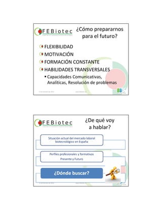 ¿Cómo prepararnos
para el futuro?
FLEXIBILIDAD
MOTIVACIÓN
FORMACIÓN CONSTANTE
HABILIDADES TRANSVERSALES
Capacidades Comunicativas,
Analíticas, Resolución de problemas
21 de Octubre de 2010 www.febiotec.es
21 de Octubre de 2010 www.febiotec.es
¿De qué voy
a hablar?
 
