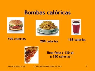 Bombas calóricas 590 calorias 168 calorias 280 calorias Uma fatia ( 120 g)    250 calorias 