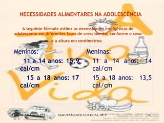 NECESSIDADES ALIMENTARES NA ADOLESCÊNCIA Meninos:     11 a 14 anos: 15,9 cal/cm  15 a 18 anos: 17 cal/cm  Meninas: 11 a 14 anos: 14 cal/cm  15 a 18 anos: 13,5 cal/cm    A seguinte fórmula estima as necessidades energéticas do adolescente em diferentes fases de crescimento, conforme o sexo e a altura em centímetros:   