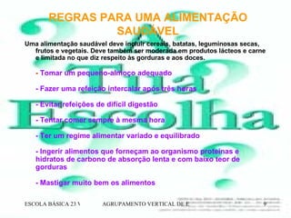 REGRAS PARA UMA ALIMENTAÇÃO SAUDÁVEL Uma alimentação saudável deve incluir cereais, batatas, leguminosas secas, frutos e vegetais. Deve também ser moderada em produtos lácteos e carne e limitada no que diz respeito às gorduras e aos doces. -  Tomar um pequeno-almoço adequado - Fazer uma refeição intercalar após três horas - Evitar refeições de difícil digestão - Tentar comer sempre à mesma hora - Ter um regime alimentar variado e equilibrado - Ingerir alimentos que forneçam ao organismo proteínas e hidratos de carbono de absorção lenta e com baixo teor de gorduras - Mastigar muito bem os alimentos   
