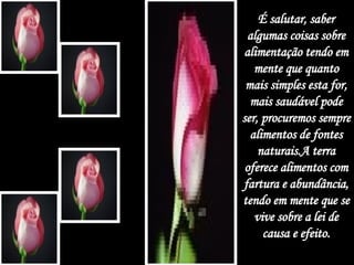 É salutar, saber algumas coisas sobre alimentação tendo em mente que quanto mais simples esta for, mais saudável pode ser, procuremos sempre alimentos de fontes naturais.A terra oferece alimentos com fartura e abundância, tendo em mente que se vive sobre a lei de causa e efeito. 