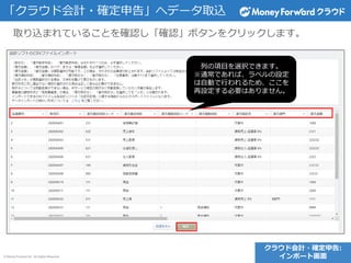 © Money Forward Inc. All Rights Reserved
「クラウド会計・確定申告」へデータ取込
取り込まれていることを確認し「確認」ボタンをクリックします。
列の項目を選択できます。
※通常であれば、ラベルの設定
は自動で行われるため、ここを
再設定する必要はありません。
クラウド会計・確定申告:
インポート画面
 