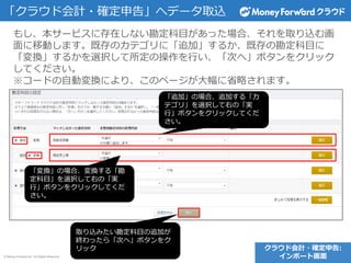 © Money Forward Inc. All Rights Reserved
「クラウド会計・確定申告」へデータ取込
もし、本サービスに存在しない勘定科目があった場合、それを取り込む画
面に移動します。既存のカテゴリに「追加」するか、既存の勘定科目に
「変換」するかを選択して所定の操作を行い、「次へ」ボタンをクリック
してください。
※コードの自動変換により、このページが大幅に省略されます。
クラウド会計・確定申告:
インポート画面
「追加」の場合、追加する「カ
テゴリ」を選択して右の「実
行」ボタンをクリックしてくだ
さい。
「変換」の場合、変換する「勘
定科目」を選択して右の「実
行」ボタンをクリックしてくだ
さい。
取り込みたい勘定科目の追加が
終わったら「次へ」ボタンをク
リック
 