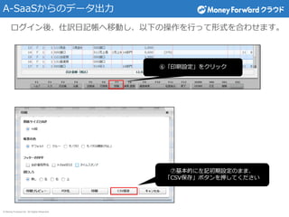 © Money Forward Inc. All Rights Reserved
A-SaaSからのデータ出力
ログイン後、仕訳日記帳へ移動し、以下の操作を行って形式を合わせます。
 