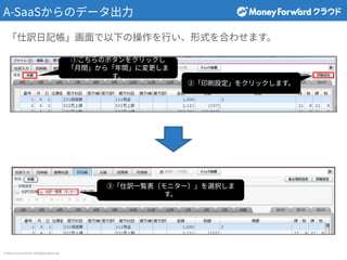 © Money Forward Inc. All Rights Reserved
A-SaaSからのデータ出⼒
「仕訳⽇記帳」画⾯で以下の操作を⾏い、形式を合わせます。
①こちらのボタンをクリックし
「⽉間」から「年間」に変更しま
す。
②「印刷設定」をクリックします。
③「仕訳⼀覧表（モニター）」を選択しま
す。
 