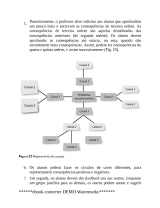 5.
6.
7.
Posteriormente, o professor deve solicitar aos alunos que aprofundem
um pouco mais e escrevam as consequências de terceira ordem. As
consequên​cias de terceira ordem são aquelas desdobradas das
consequências anteriores (de segunda ordem). Os alunos devem
aprofundar as consequências até saturar, ou seja, quando não
encontrarem mais consequências. Assim, podem ter consequências de
quarta e quinta ordens, e assim sucessivamente (Fig. 23).
Figura 23 Mapeamento de causas.
Os alunos podem fazer os círculos de cores diferentes, para
representarem consequências positivas e negativas.
Em seguida, os alunos devem dar feedback uns aos outros. Enquanto
um grupo justifica para os demais, os outros podem anotar e sugerir
******ebook converter DEMO Watermarks*******
 