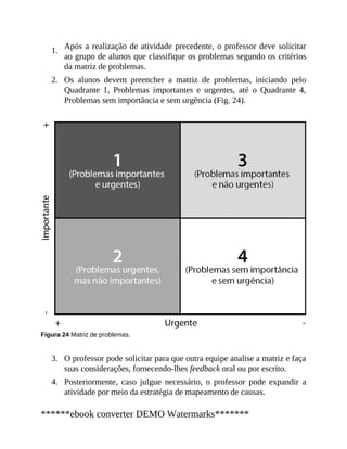1.
2.
3.
4.
Após a realização de atividade precedente, o professor deve solicitar
ao grupo de alunos que classifique os problemas segundo os critérios
da matriz de problemas.
Os alunos devem preencher a matriz de problemas, iniciando pelo
Quadrante 1, Problemas importantes e urgentes, até o Quadrante 4,
Problemas sem importância e sem urgência (Fig. 24).
Figura 24 Matriz de problemas.
O professor pode solicitar para que outra equipe analise a matriz e faça
suas considerações, fornecendo-lhes feedback oral ou por escrito.
Posteriormente, caso julgue necessário, o professor pode expandir a
atividade por meio da estratégia de mapeamento de causas.
******ebook converter DEMO Watermarks*******
 