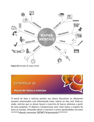 Figura 25 Exemplo de mapa mental.
O mural de fatos e notícias permite aos alunos discutirem ou debaterem
assuntos relacionados com determinado tema, notícia ou fato real. Pode-se,
ainda, solicitar que os alunos façam o exercício de buscar subtemas a partir
do tema proposto. O objetivo é proporcionar uma visão maior a respeito do
tema ou assunto, formando ideias e conceitos a serem aprofundados em outra
******ebook converter DEMO Watermarks*******
 