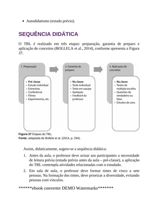 1.
2.
Autodidatismo (estudo prévio).
SEQUÊNCIA DIDÁTICA
O TBL é realizado em três etapas: preparação, garantia de preparo e
aplicação de conceitos (BOLLELA et al., 2014), conforme apresenta a Figura
37.
Figura 37 Etapas do TBL.
Fonte: adaptada de Bollela et al. (2014, p. 294).
Assim, didaticamente, sugere-se a sequência didática:
Antes da aula, o professor deve avisar aos participantes a necessidade
de leitura prévia (estudo prévio antes da aula – pré-classe), a aplicação
do TBL contempla atividades relacionadas com o estudado.
Em sala de aula, o professor deve formar times de cinco a sete
pessoas. Na formação dos times, deve priorizar a diversidade, evitando
pessoas com vínculos.
******ebook converter DEMO Watermarks*******
 