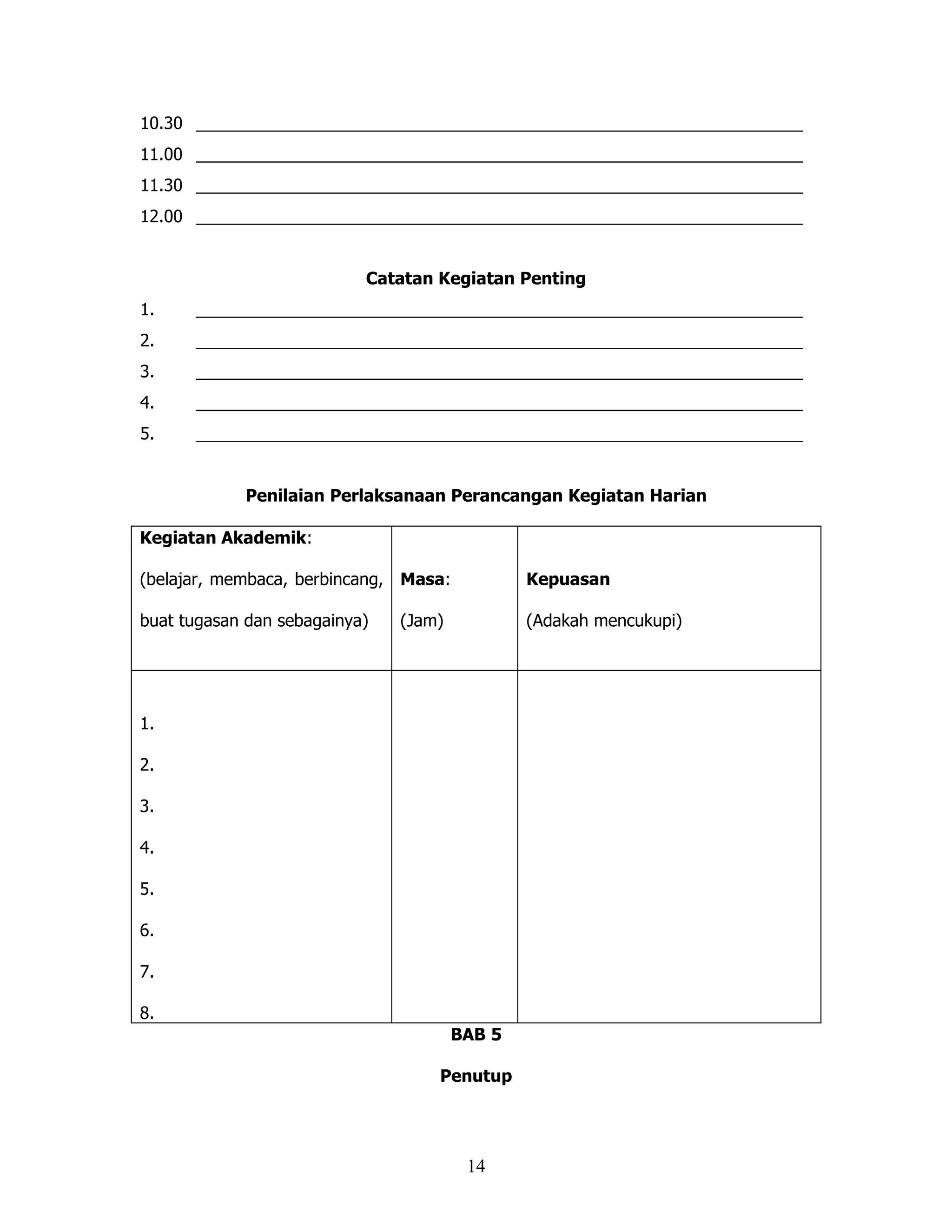 10.30 _________________________________________________________________
11.00 _________________________________________________________________
11.30 _________________________________________________________________
12.00 _________________________________________________________________


                           Catatan Kegiatan Penting
1.    _________________________________________________________________
2.    _________________________________________________________________
3.    _________________________________________________________________
4.    _________________________________________________________________
5.    _________________________________________________________________


            Penilaian Perlaksanaan Perancangan Kegiatan Harian

Kegiatan Akademik:

(belajar, membaca, berbincang, Masa:           Kepuasan

buat tugasan dan sebagainya)   (Jam)           (Adakah mencukupi)




1.

2.

3.

4.

5.

6.

7.

8.
                                       BAB 5

                                   Penutup




                                        14
 
