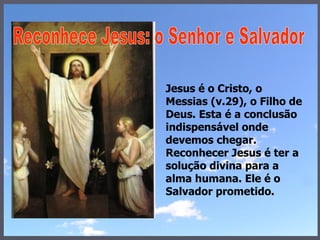 Jesus é o Cristo, o Messias (v.29), o Filho de Deus. Esta é a conclusão indispensável onde devemos chegar.  Reconhecer Jesus é ter a solução divina para a alma humana. Ele é o Salvador prometido. Reconhece Jesus: o Senhor e Salvador 