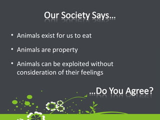 Animals exist for us to eat Animals are property Animals can be exploited without consideration of their feelings 