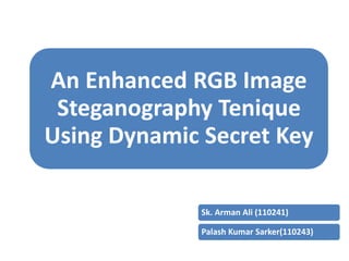 Sk. Arman Ali (110241)
Palash Kumar Sarker(110243)
An Enhanced RGB Image
Steganography Tenique
Using Dynamic Secret Key
 