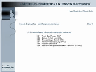 Slide 10 Suporte Criptográfico – Identificação e Autenticação .: 2.6 – Aplicações da criptografia – segurança na Internet 2.6.1 –  Pretty Good Privacy  (PGP) 2.6.2 –  Secure Sockets Layer  (SSL) 2.6.3 –  Transport Layer Security  (TLS) 2.6.4 –  Internet Protocol Security  (IPSEC) 2.6.5 – Rede Privada Virtual 2.6.6 –  Secure/Multipurpose Internet Mail Extensions  (S/MIME) 